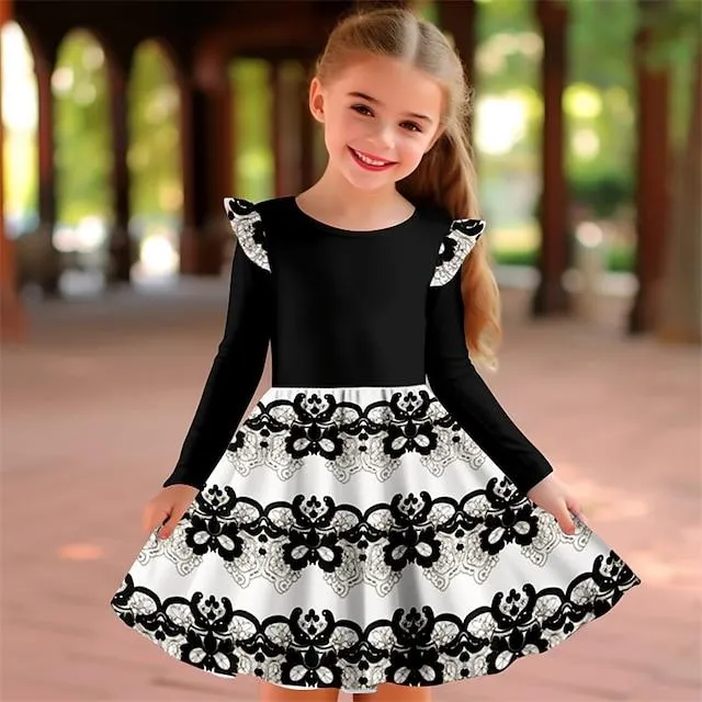 Carnaval Girls ' 3D Floral Vestido de volante Rosa Manga Larga Impresión 3D Primavera Otoño Deporte Diario Festivos Estilo lindo Casual Hermosa Niños 3-12 años Vestido informal Vestido de una línea