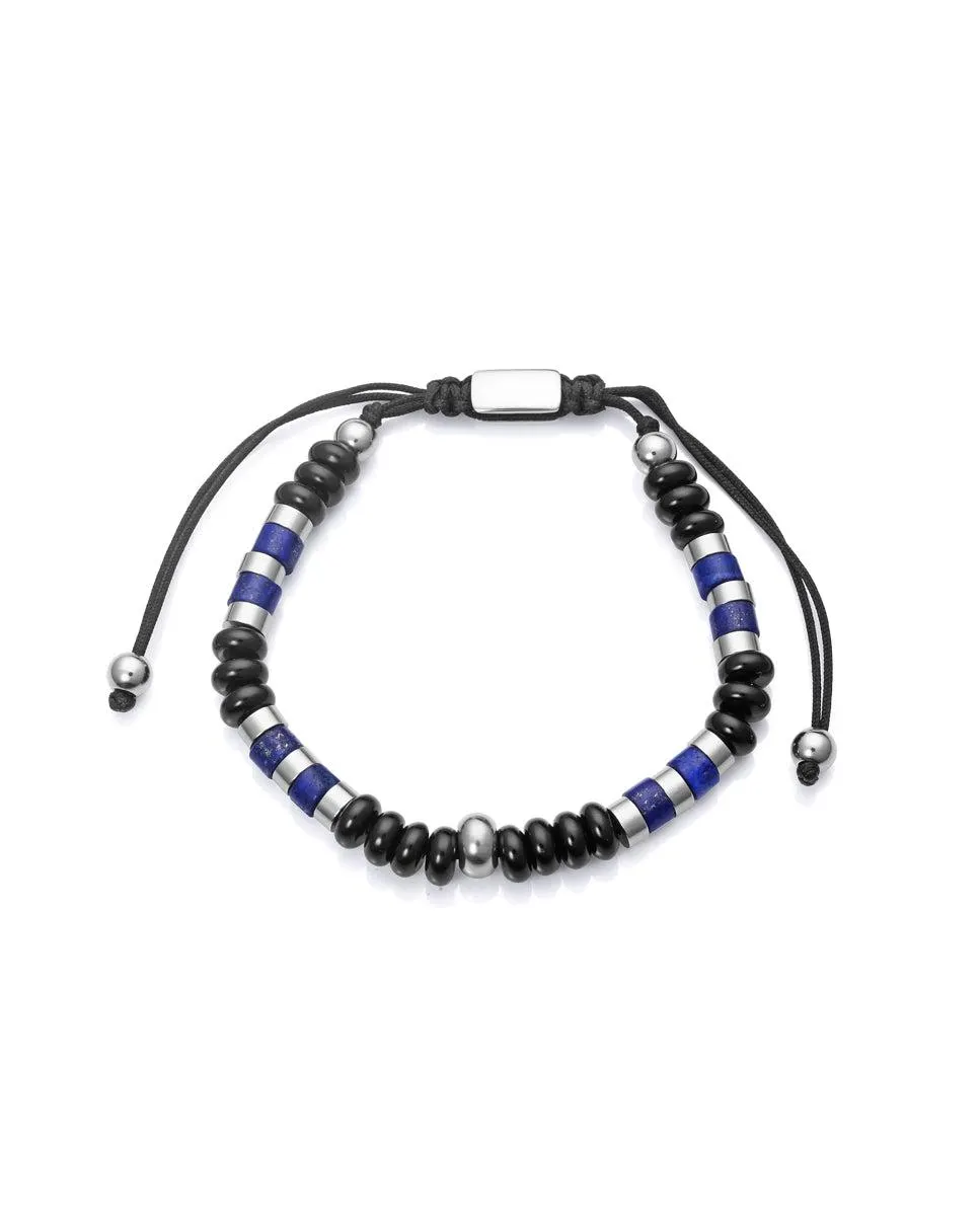 Pulsera Magnum de acero con piedra natural lapis en tonos azules , ágata negra y cordón negro