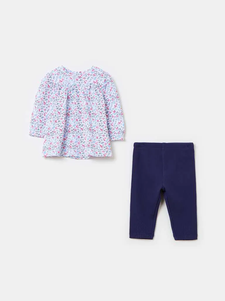 Organic cotton dress and leggings set Blanc/bleu