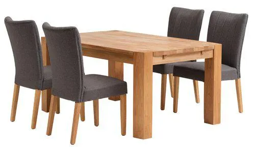 Mesa OLLERUP L160 roble + 4 sillas NORDRUP gris