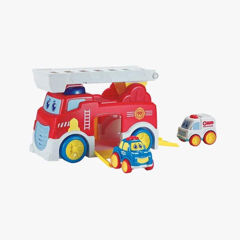 CAMION INFANTIL BOMBEROS FRICCIÓN CON 2 VEHICULOS LUZ Y SONIDO