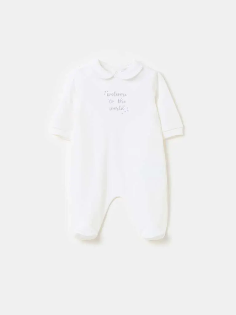 Organic cotton onesie with feet and embroidery Blanc optique