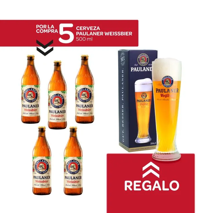 5 cervezas paulaner, 500ml + vaso gratis