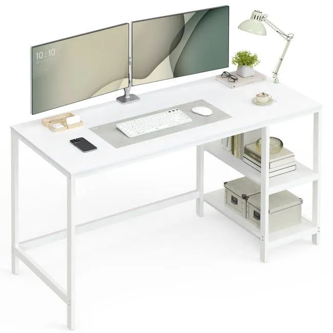 Escritorio moderno con 2 estantes ajustables izquierda o derecha, mesa de trabajo para salón y oficina, estructura de acero, 140x60x90 cm, blanco arce