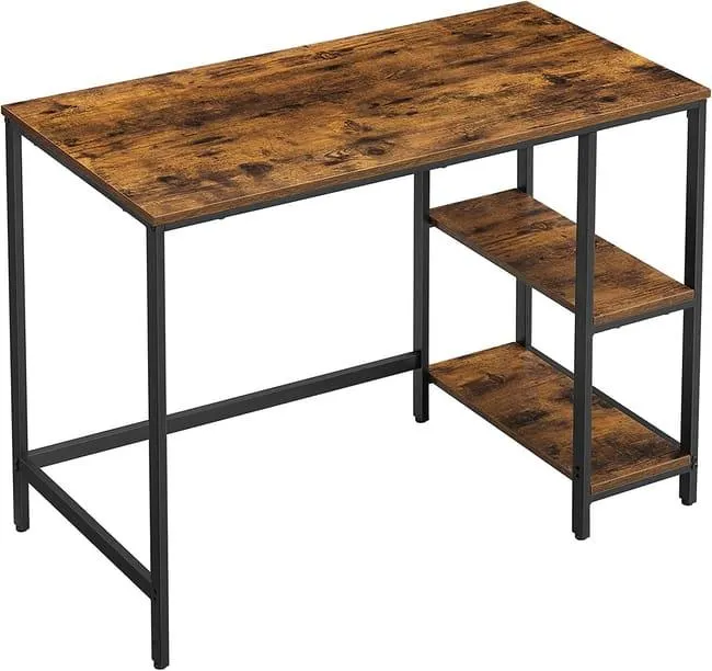 Escritorio industrial con 2 estantes ajustables - mesa de trabajo para oficina o salón, estructura de acero, marrón rústico y negro tinta