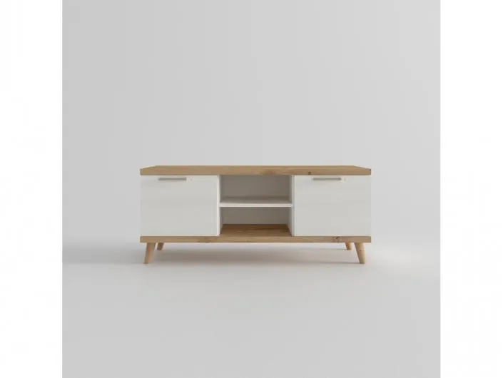 Mesa tv. 2 puertas y huecos con patas redondas color artisan-polar de 120 cm.