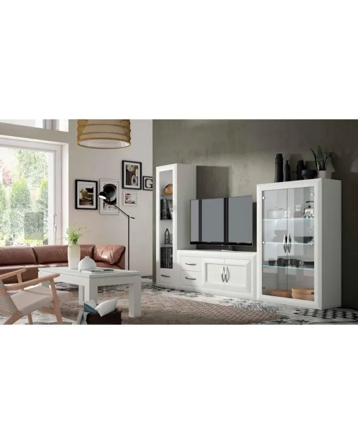 Mueble de salón completo con dos vitrinas en madera blanca en Nattex