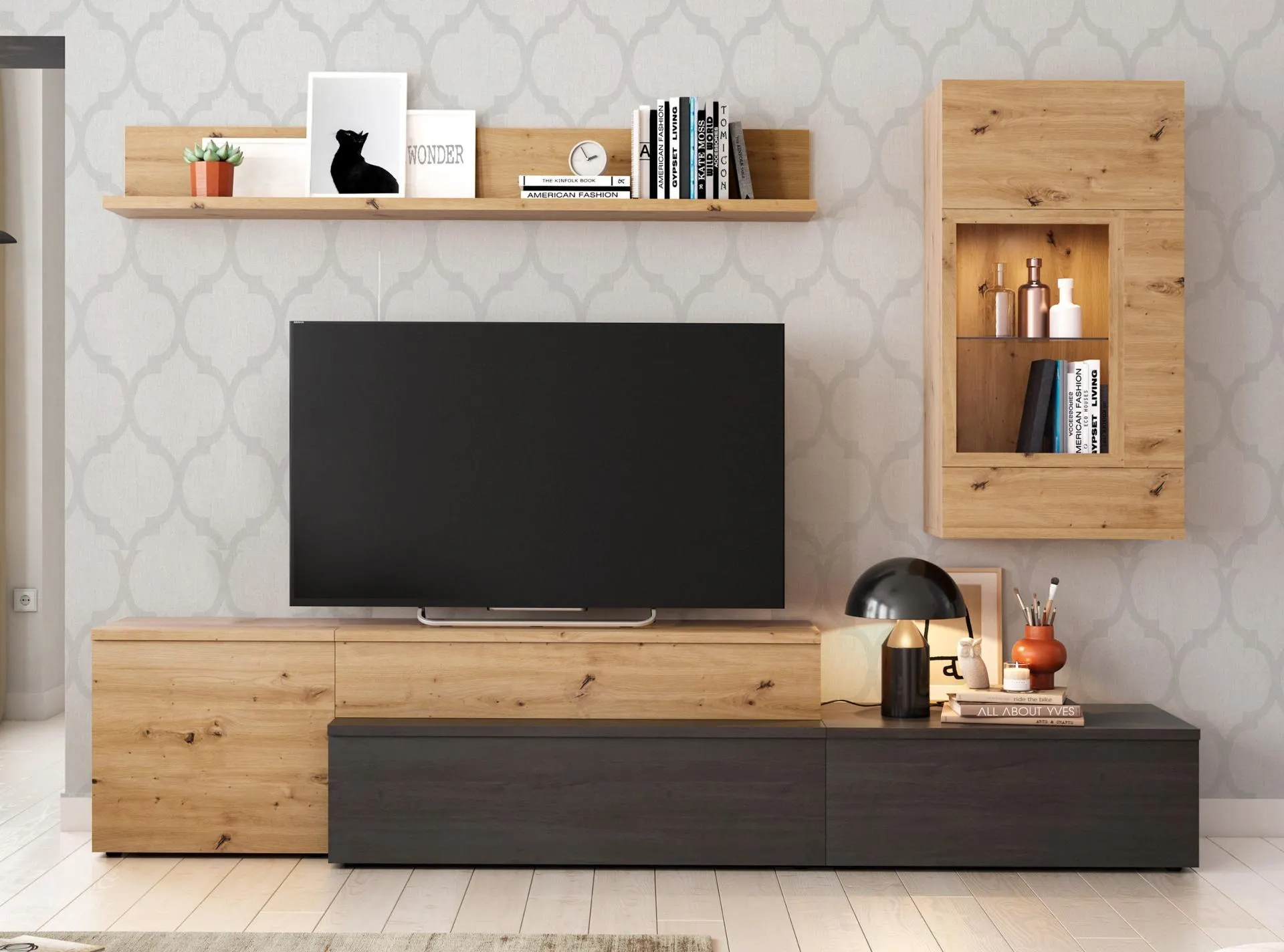 Mueble de salón con estante y luz led opcional