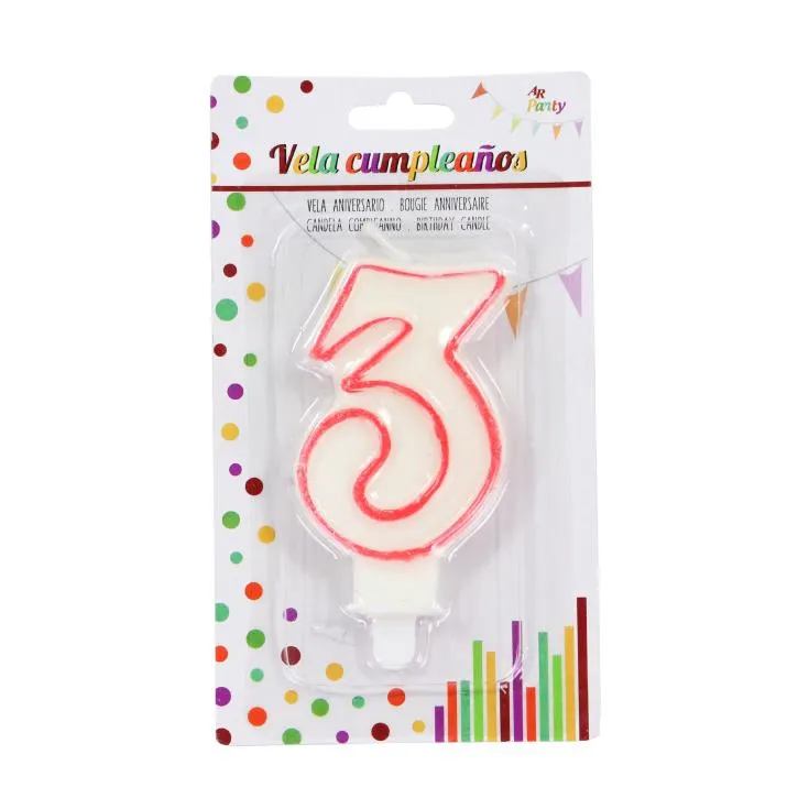 velas cumpleaños nº3 blanca/borde rojo, ud