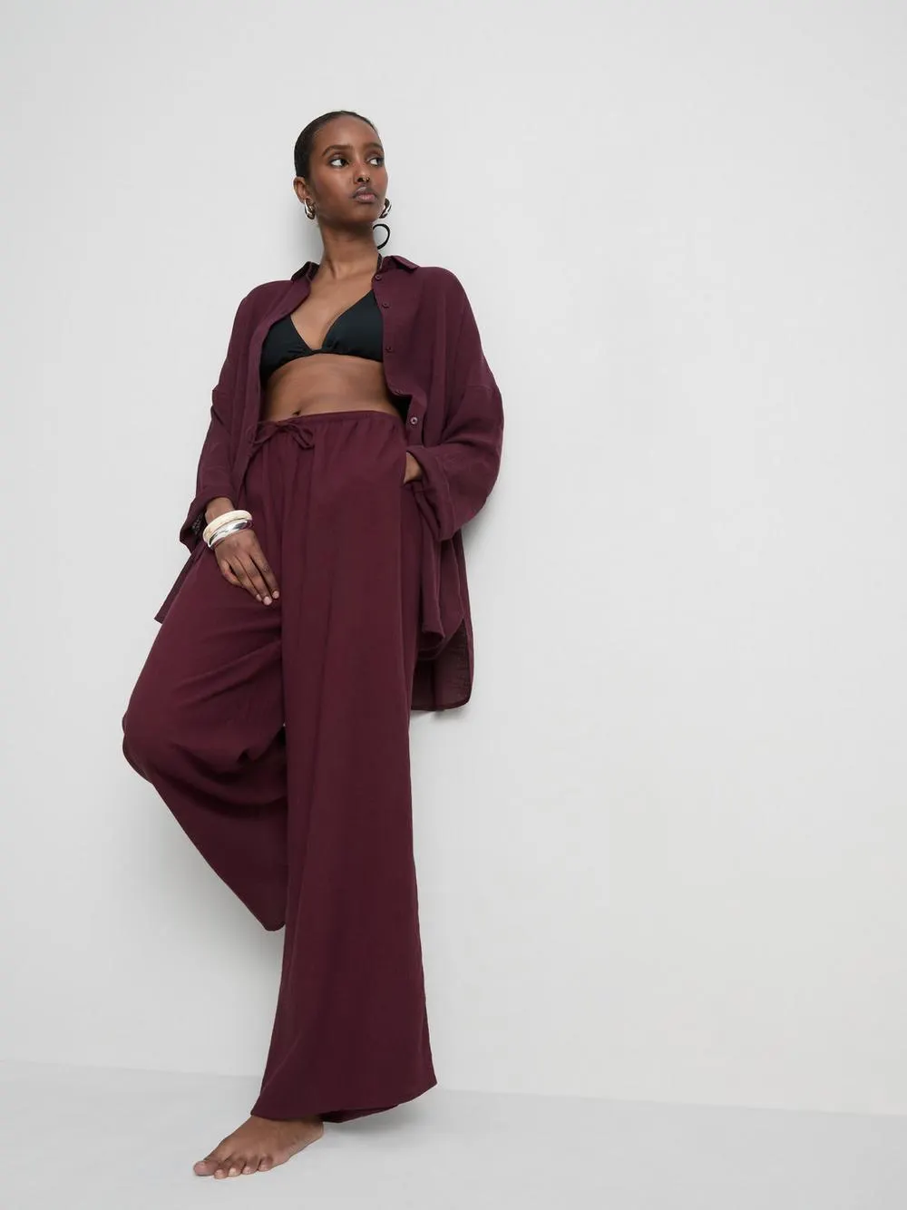 Pantalones de playa anchos con cordón de ajuste