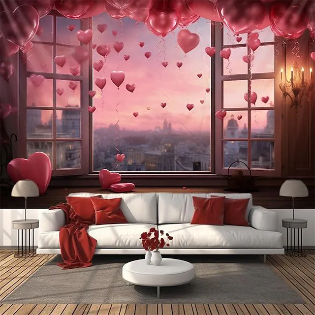 Tapiz colgante con vista de ventana del día de San Valentín, arte de pared, tapiz grande, decoración mural, fotografía, telón de fondo, manta, cortina, decoración del hogar, dormitorio, sala de estar