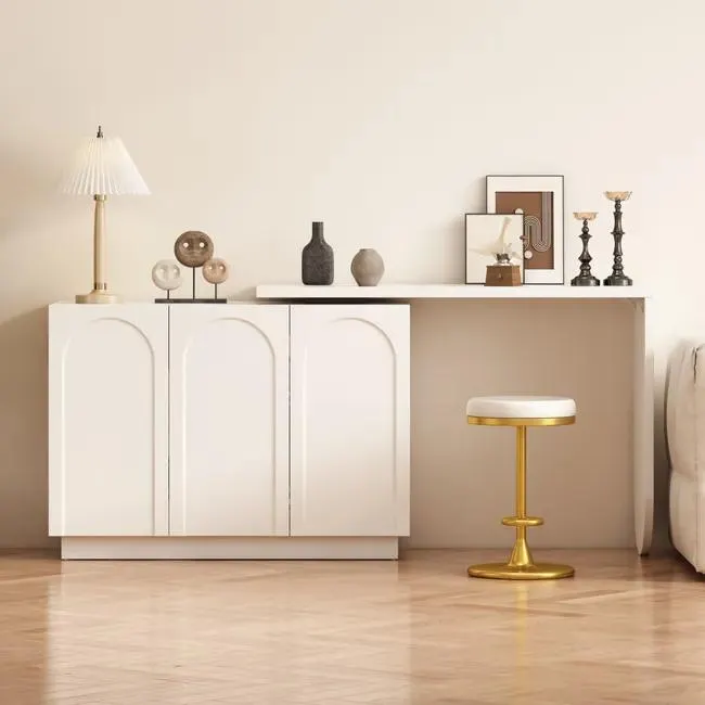 Escritorio esquinero con 3 cajones y 2 puertas de ratán - 126 x 40 x 75 cm - MDF - Blanco