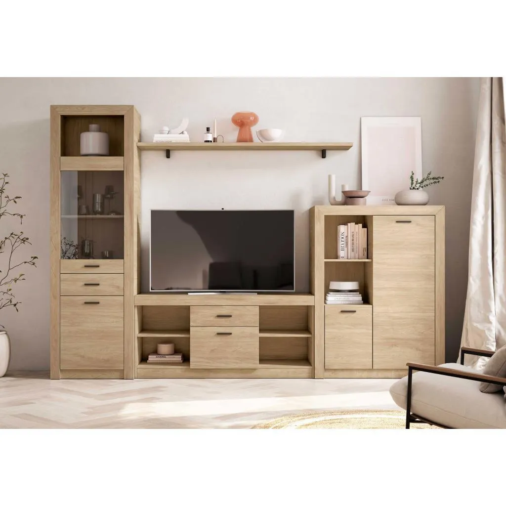 Composición - Roble, Vitrina 60x197x40 cm Mesa Tv 130x60x40 cm Bodeguero 90x125x40 cm Estante 160x30x25 cm Ancho x Alto x Fondo