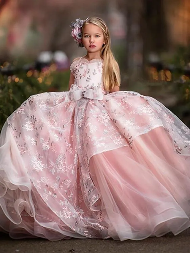 Niños Poco Chica Vestido Floral Flor Vestido de una línea Rendimiento Frunce Malla Estampado Rosa Tul Algodón Asimétrico Sin Mangas Princesa Dulce Vestidos Verano Ajuste regular 3-12 años