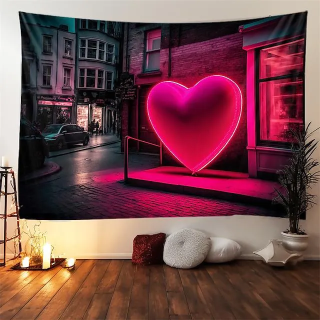 Tapiz colgante de corazón de neón para el día de San Valentín, arte de pared, tapiz grande, decoración mural, fotografía, telón de fondo, manta, cortina, hogar, dormitorio, sala de estar