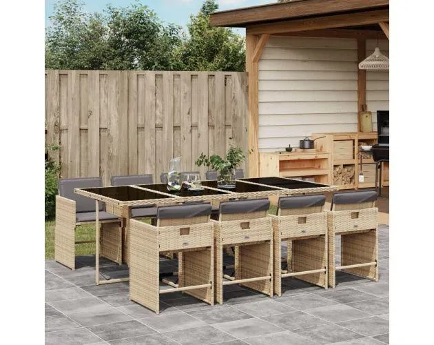 vidaXL set comedor de jardín 9 pzas con cojines ratán sintético beige