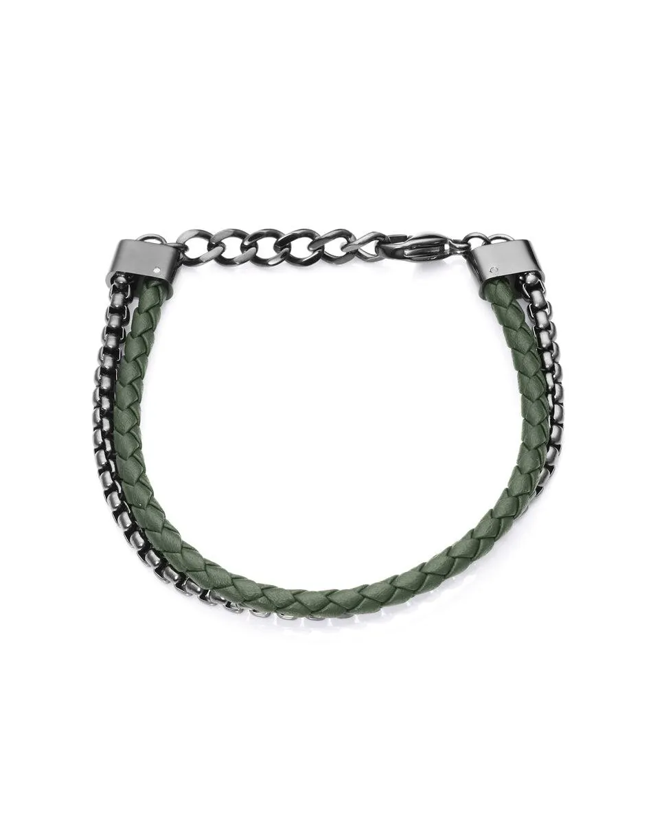 Pulsera Heat de acero con cuero trenzado verde