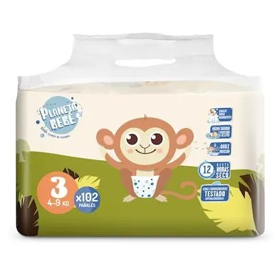 Pañales 4-9 kgs talla 3 Planeta Bebé de Dia bolsa 102 unidades