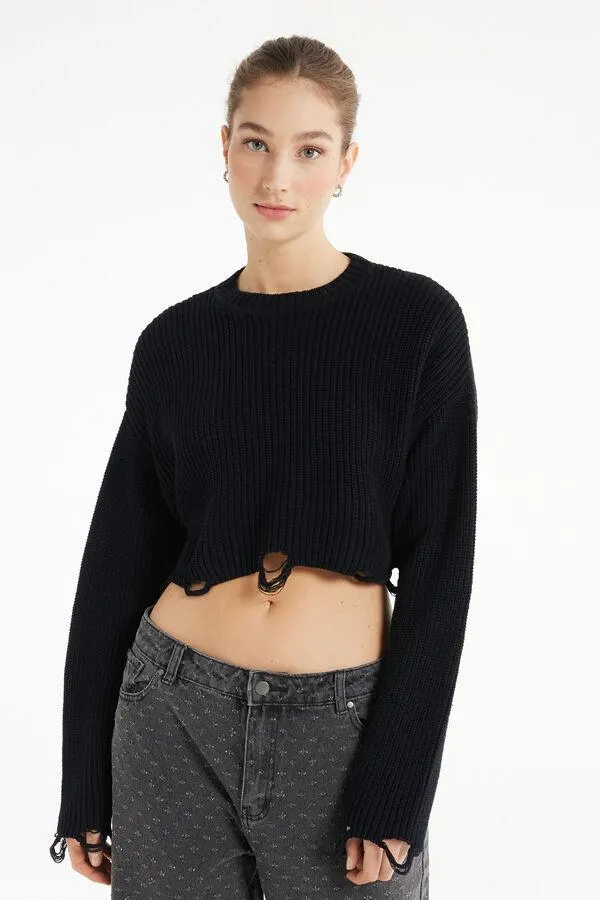 Camiseta Corta de Manga Larga de Canalé con Remates Rasgados