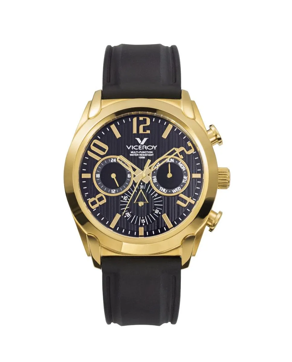 Reloj de hombre Magnum multifunción de acero con IP dorado y correa de silicona negra