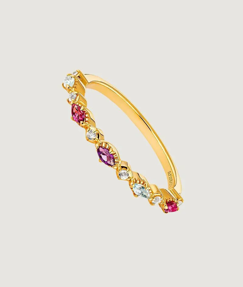 Anillo de plata 925 bañada en oro amarillo de 18K con topacios, rodolitas y amatista