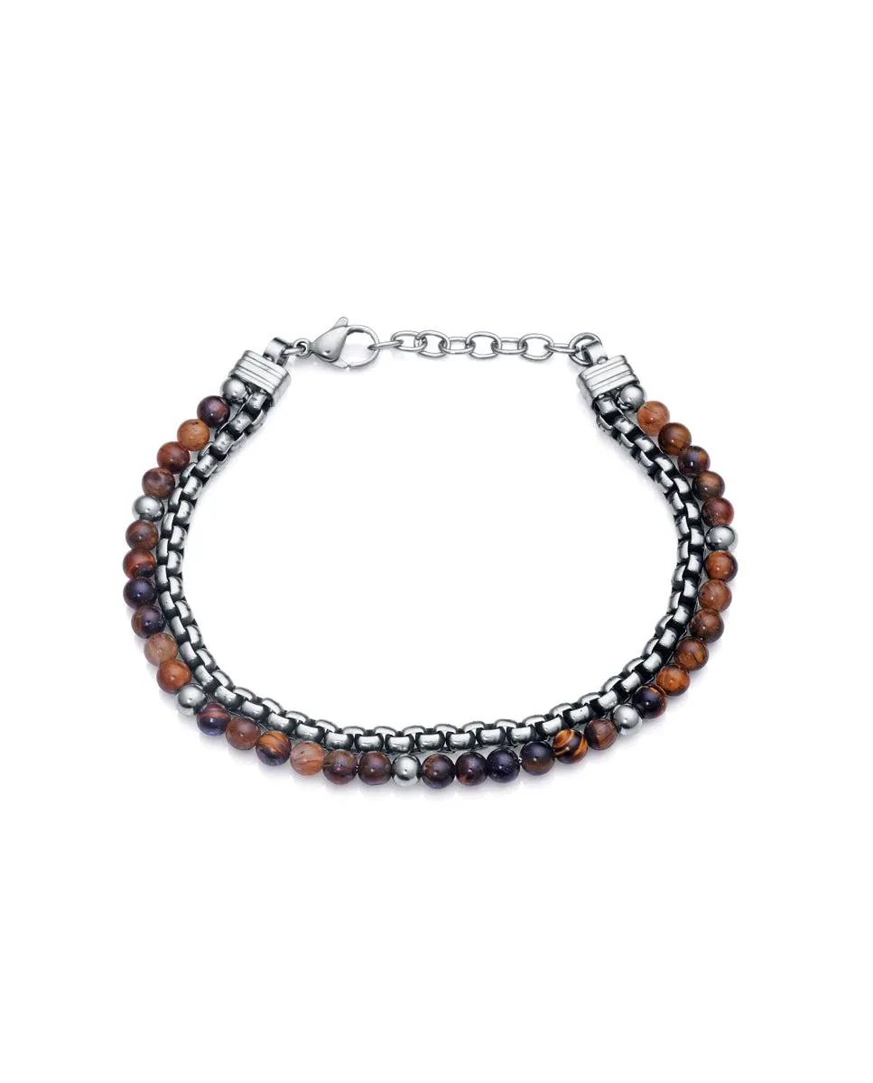 Pulsera doble Air de acero con piedras naturales de ojo de tigre marrón