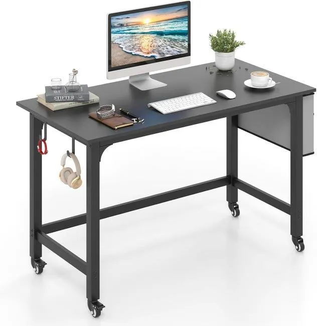 Escritorio para ordenador con ruedas, estación de trabajo móvil para ordenador con 4 ruedas, 120 x 60 x 76 cm (con bolsillo lateral - NEGRO)