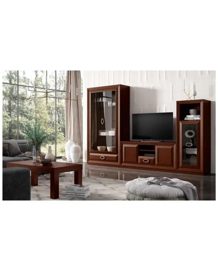 Composición de muebles de salón en acabado madera oscuro en Nattex