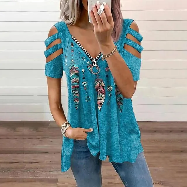 Mujeres tops camiseta ahueca hacia fuera el hombro de manga corta blusa casual camisas explosivas estampado de plumas con cuello en v camisa con cremallera