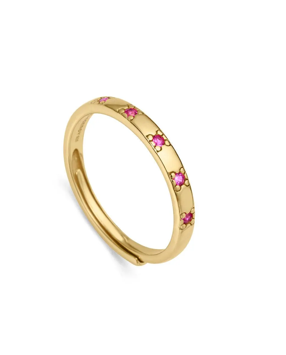 Anillo Trend de plata de ley con baño de oro y circonitas en color fucsia
