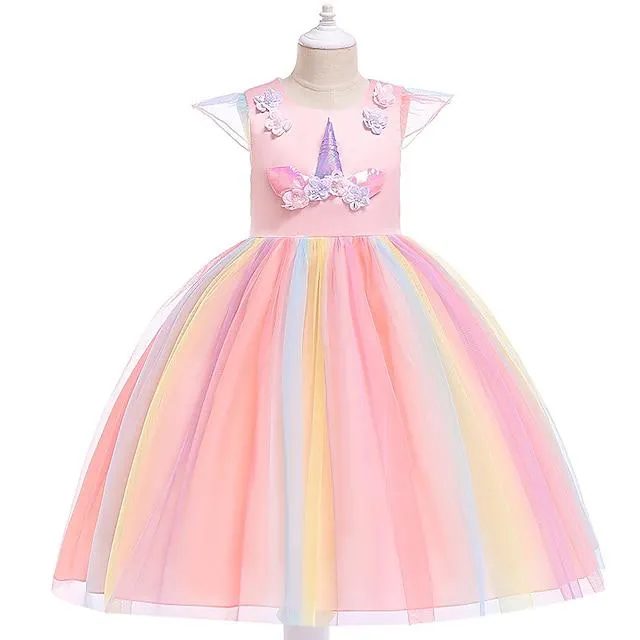 Niños Poco Chica Vestido Unicornio Arco iris Retazos Colorido Vestido de Tul Fiesta Festivos Dibujos Animados Azul Piscina Morado Amarillo Hasta la Rodilla Manga Corta Activo Princesa Dulce Vestidos