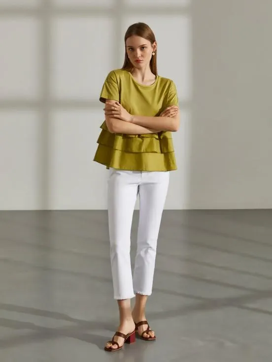 Camiseta para mujer con volantes y cuello redondo