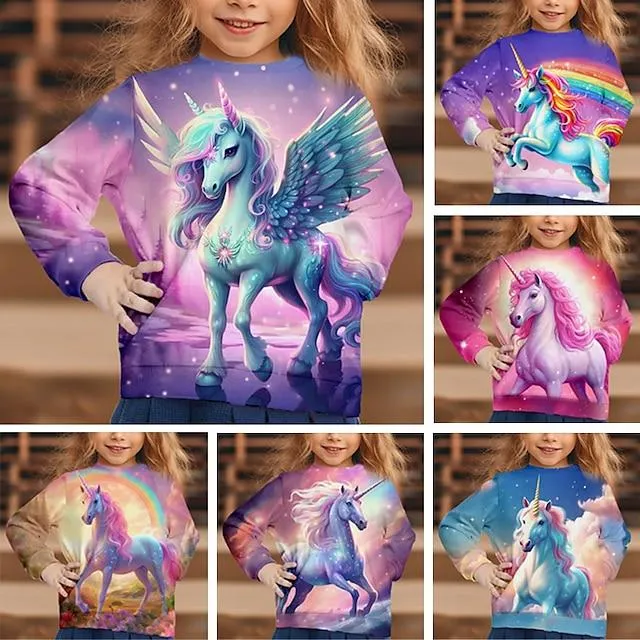 Chica 3D Graphic Caricatura Unicornio Camiseta Manga Larga Impresión 3D Verano Otoño Activo Moda Estilo lindo Poliéster Niños 3-12 años Exterior Casual Diario Ajuste regular