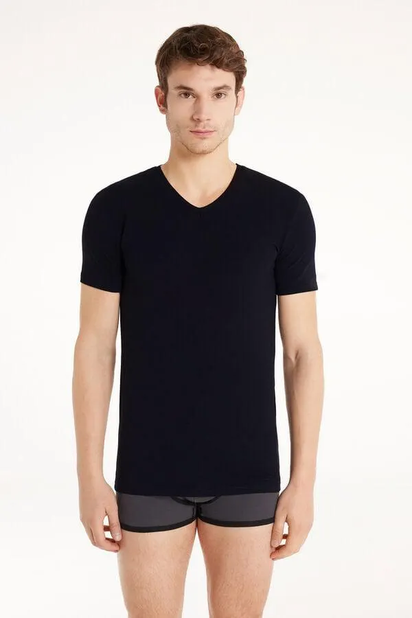 Camiseta Escote V de Algodón Elastizado
