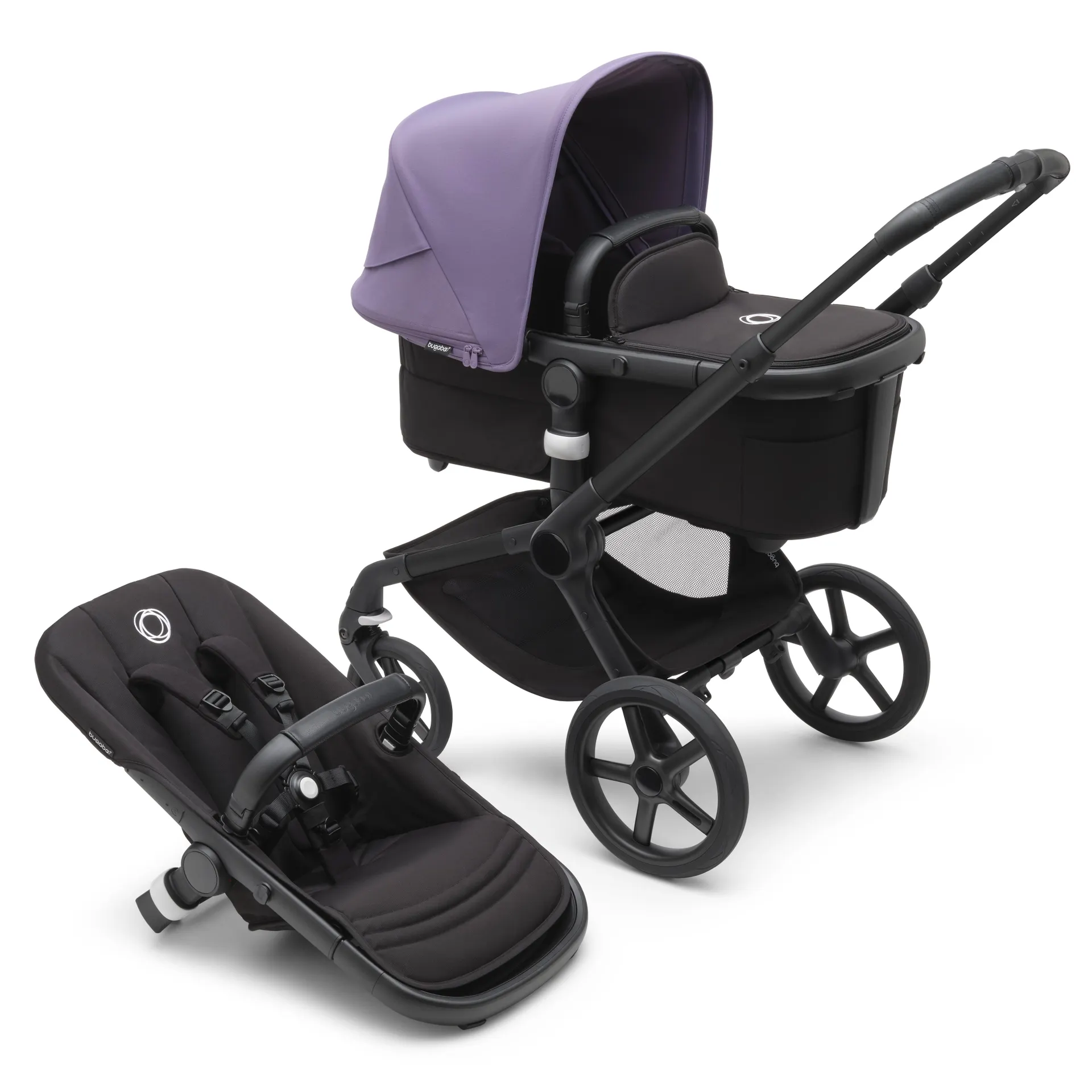 Bugaboo Fox 5 bassinet and seat stroller black base, midnight black fabrics, astro purple sun canopy
