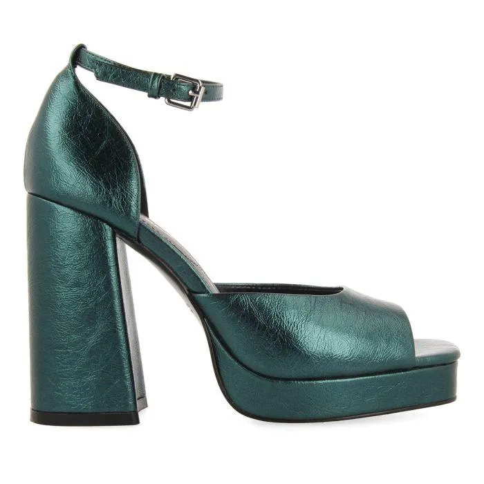 Blunt women's metallic green sandals with wide heels and platforms