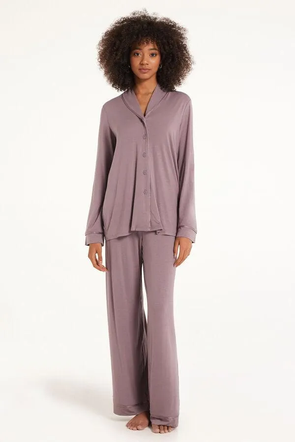 Pijama Largo Abierto de Viscosa con Ribetes de Raso