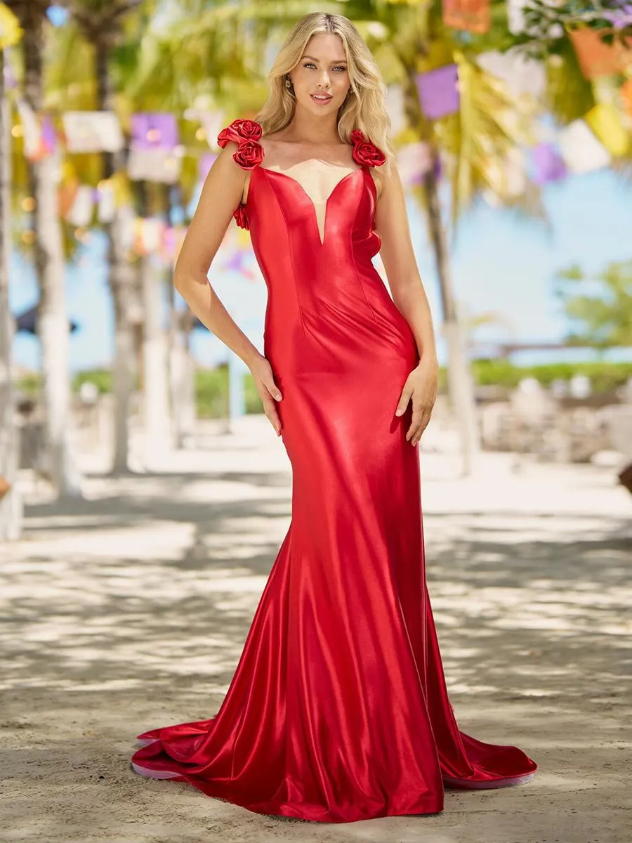 Vestido de noche Sirena Escote en V Cola corte Sin mangas Sin espalda Flores Seda elástica como satén Vestidos de cena formales