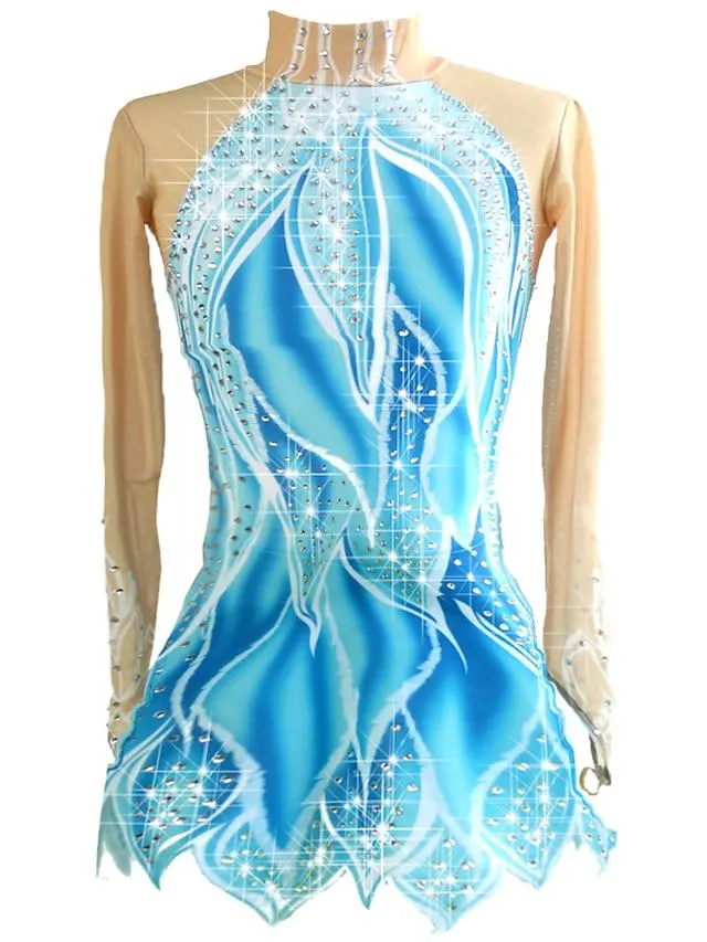 Vestido de patinaje artístico Mujer Chica Patinaje Sobre Hielo Vestidos Accesorios Azul / blanco Alta elasticidad Profesional Competición Ropa de Patinaje Hecho a mano Clásico Cristal / Strass Manga