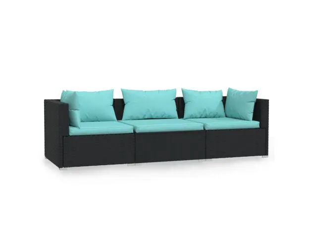 Vidaxl sofá de 3 plazas con cojines ratán sintético negro