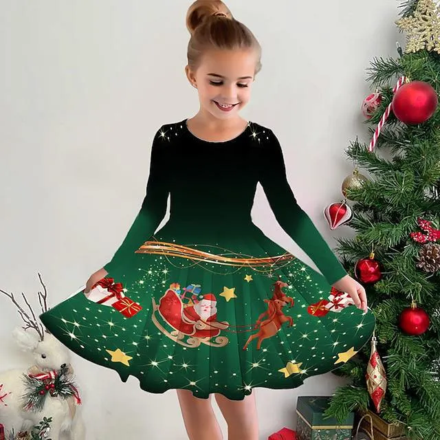 Vestido navideño de Papá Noel en 3D para niña, manga larga, estampado 3d, deportes de otoño e invierno & al aire libre diario vacaciones lindo casual hermoso niños 3-12 años vestido casual una línea