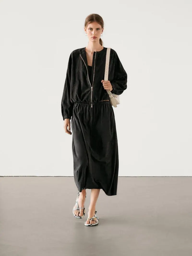 Chaqueta piel ante detalle frunces