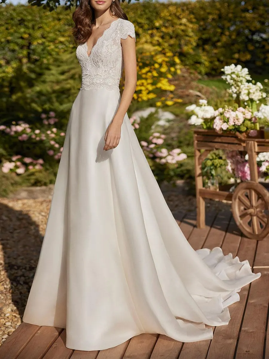 Vestido de novia simple Encaje con cuello en V Manga corta Encaje A-Line Vestidos de novia Personalización gratuita