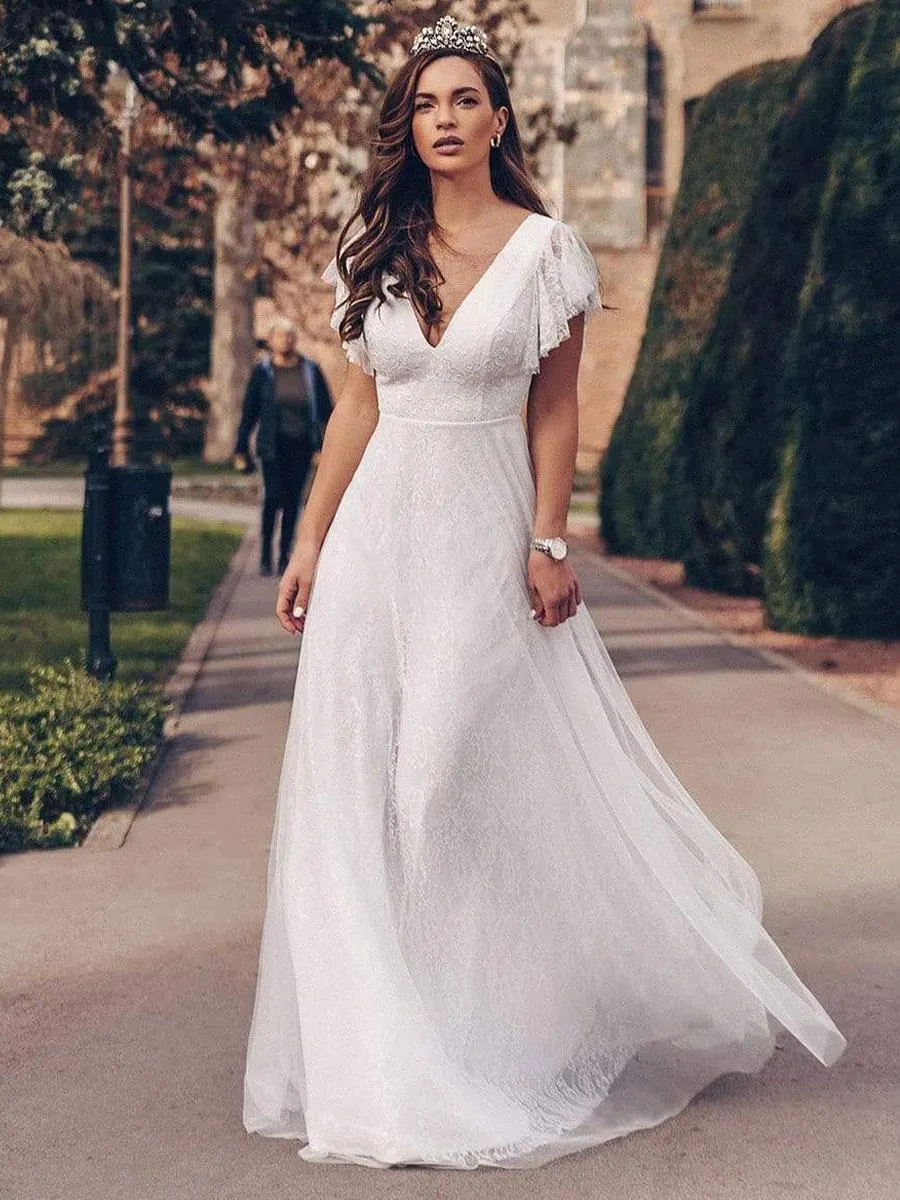 Vestido de novia blanco simple Encaje Cuello en V Mangas cortas Sin espalda Volantes Una línea Cintura natural Vestidos de novia largos