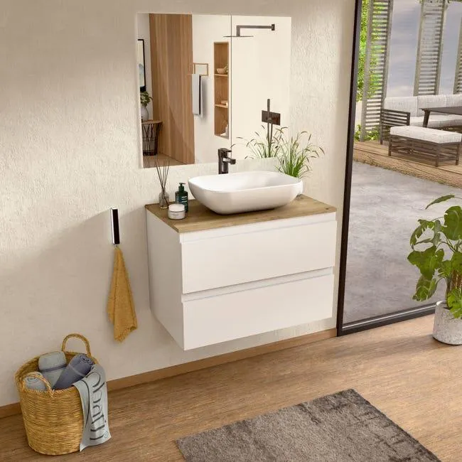BELLOBATH - Mueble de baño suspendido con lavabo de cerámica y espejo, Mueble de baño con 2 cajones, 80 x 55 x 46 cm, Mueble Blanco y Tapa Roble