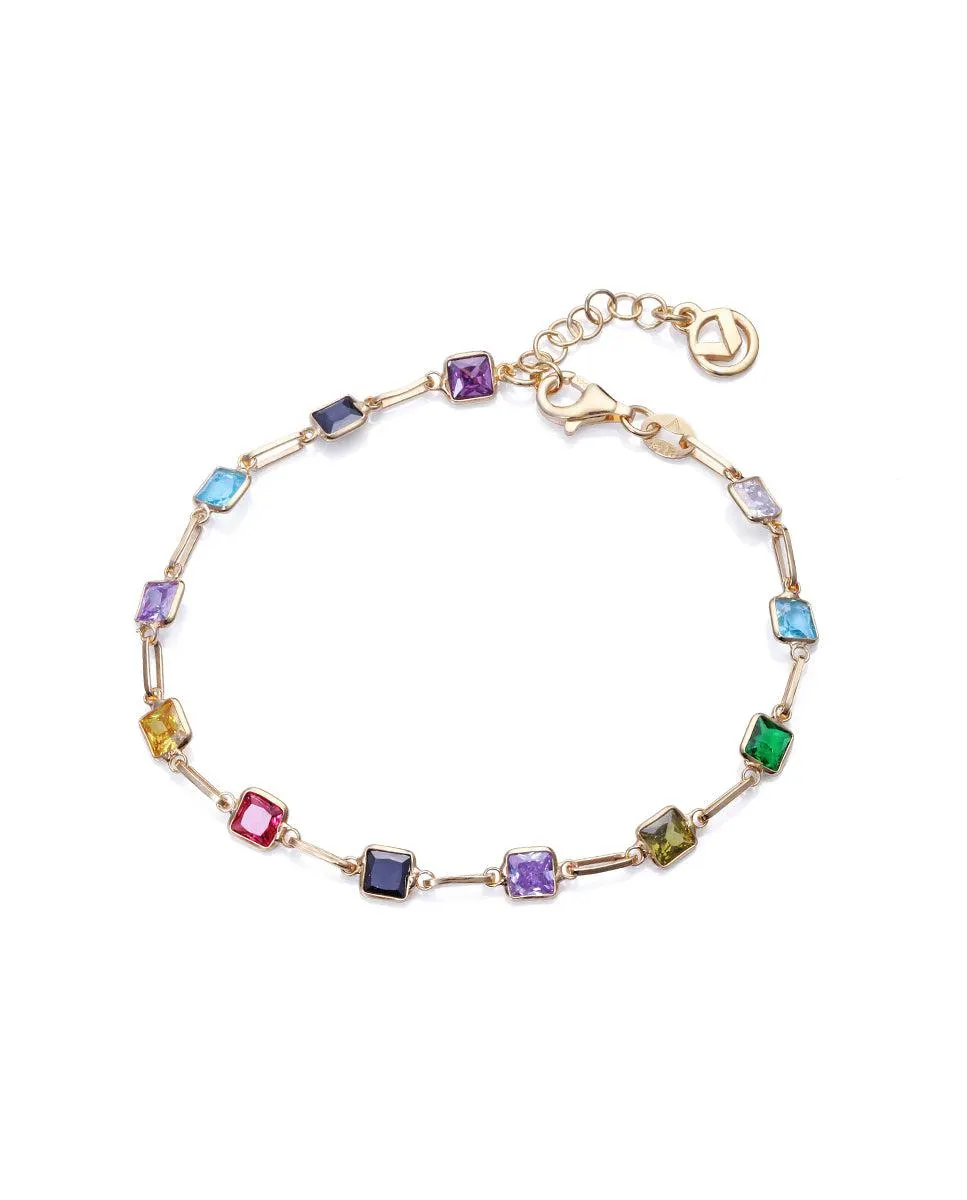 Pulsera cadena Elegant de plata de ley con baño de oro y circonitas cuadradas de colores engarzadas
