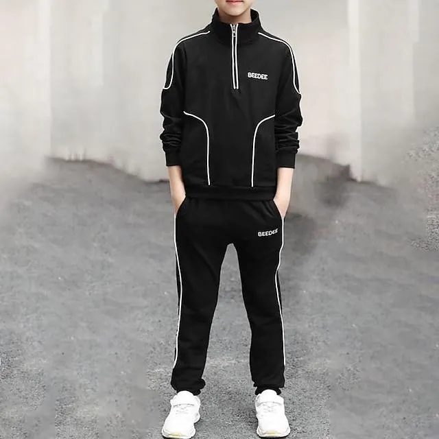 2-delige sets kinderen jongens trainingspakken outfit letterstreep lange mouw rits set sport dagelijks herfst winter 7-13 jaar wit