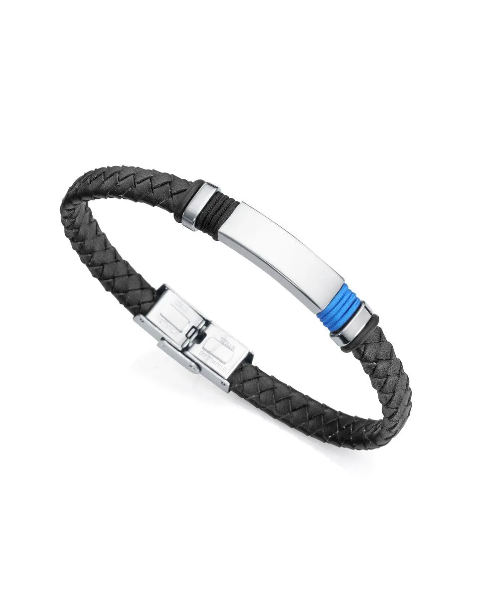 Pulsera Magnum de piel negra con motivo en acero y cordón azul