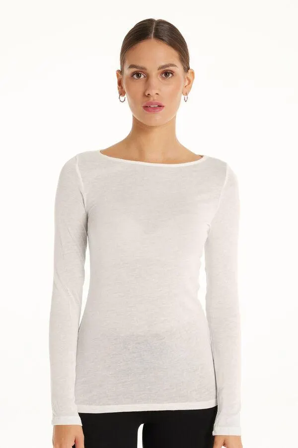 Camiseta con Cuello de Barco de Viscosa y Lana Merino