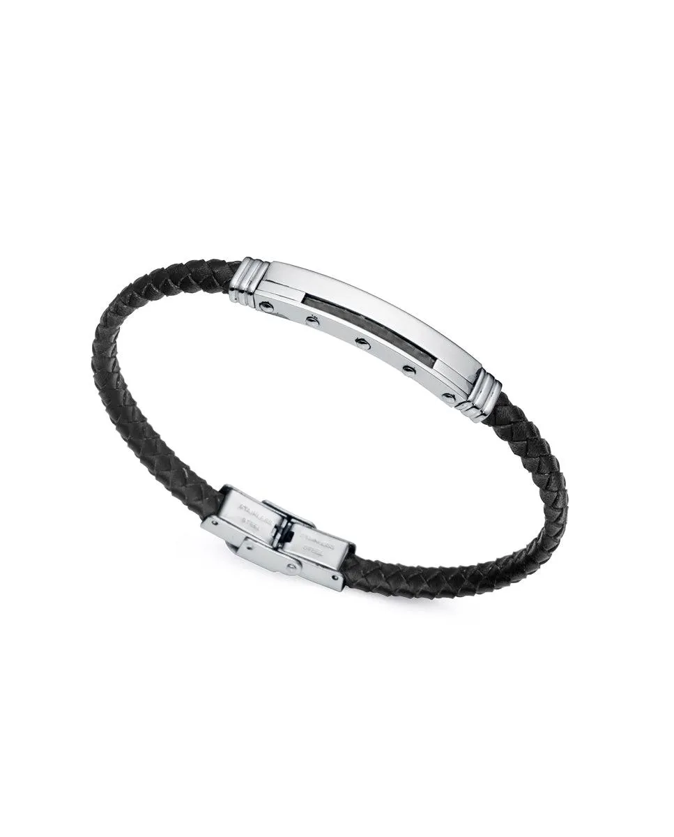 Pulsera Beat de acero y fibra de carbono con piel negra trenzada